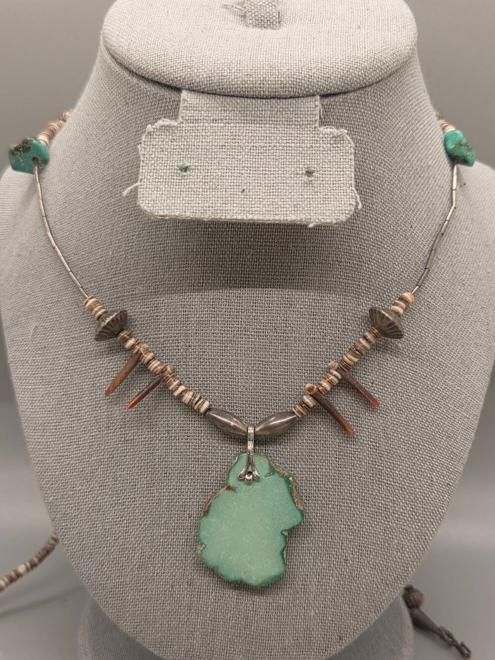 VTG Chrysoprase Pendant 31" Necklace Turquoise, Shell Heishi, and Silver Beads